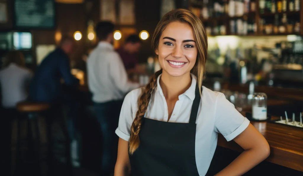 waitress smiling at camera with black apron on.